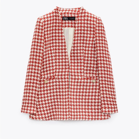 ZARA Luxury Ecru Red Collarless Long Sleeve Textured Houndstooth Jacket Size S - Picture 2 of 9